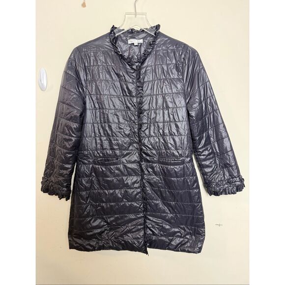 Patty Kim Gray Ruffle Trim Lightweight Puffer Jacket Size Small – Quilted Nylon - Picture 1 of 4